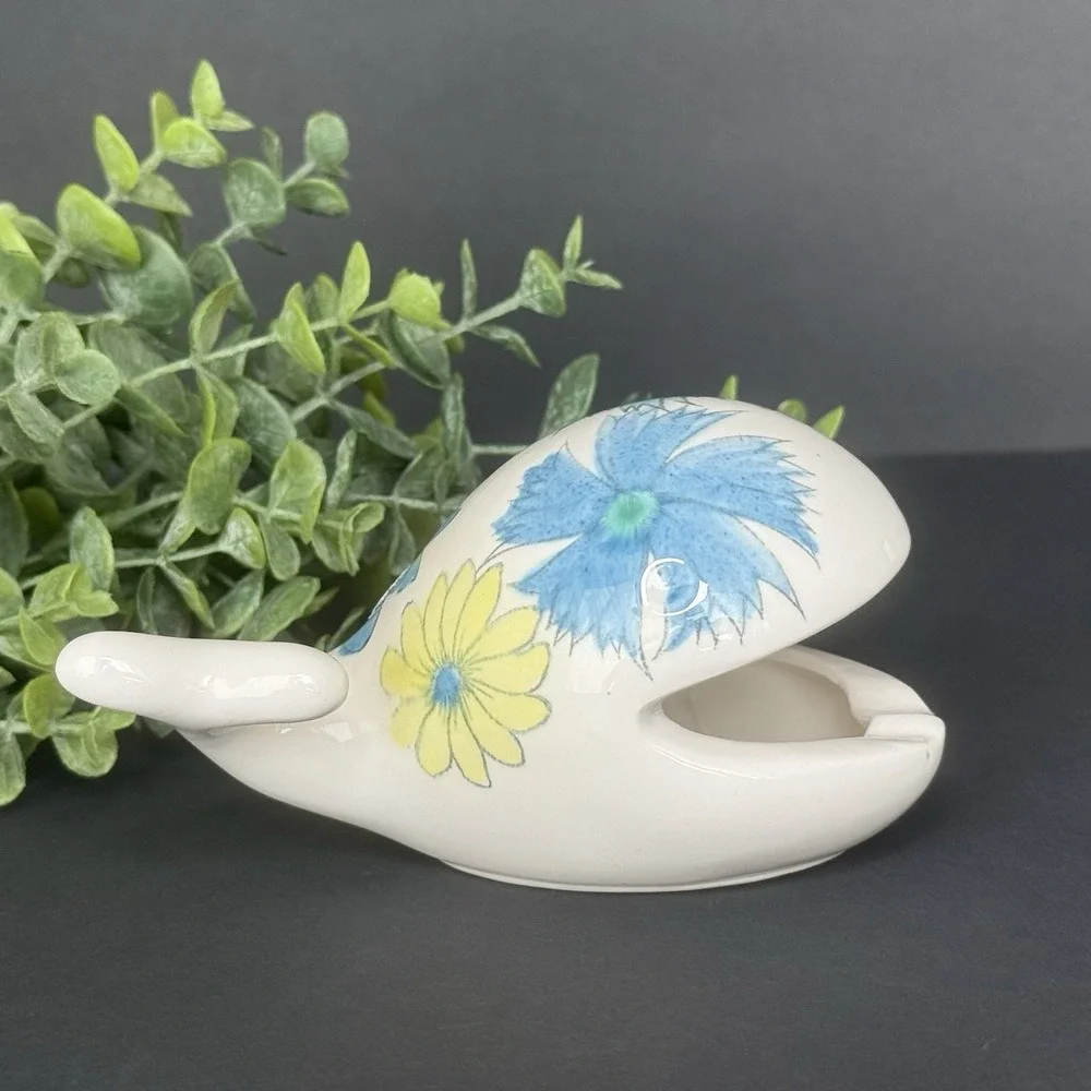 VTG Fitz & Floyd Blue Flower Power Whale Ashtray/Spoon Rest/Trinket Dish 5